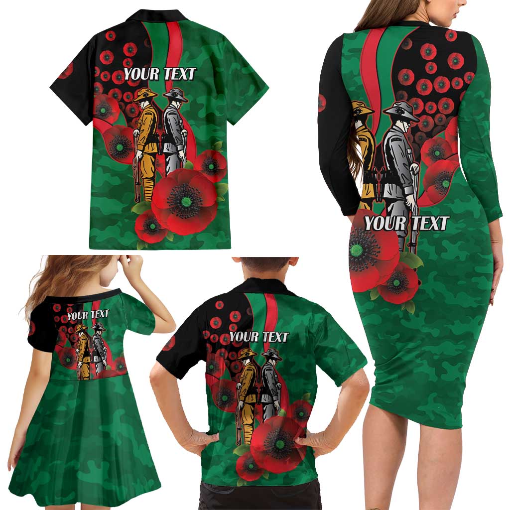 South Sydney Rabbitohs ANZAC Personalised Family Matching Long Sleeve Bodycon Dress and Hawaiian Shirt Lest We Forget Poppy Camo