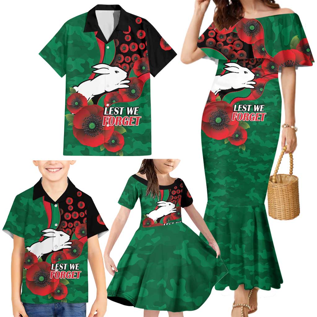 South Sydney Rabbitohs ANZAC Personalised Family Matching Mermaid Dress and Hawaiian Shirt Lest We Forget Poppy Camo