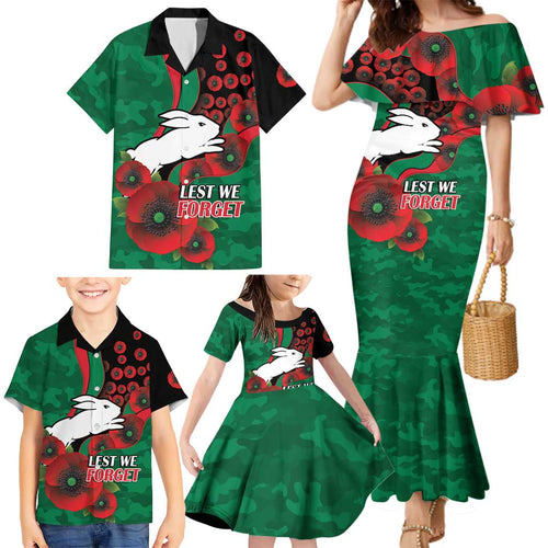 South Sydney Rabbitohs ANZAC Personalised Family Matching Mermaid Dress and Hawaiian Shirt Lest We Forget Poppy Camo