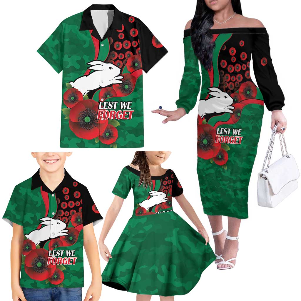 South Sydney Rabbitohs ANZAC Personalised Family Matching Off The Shoulder Long Sleeve Dress and Hawaiian Shirt Lest We Forget Poppy Camo