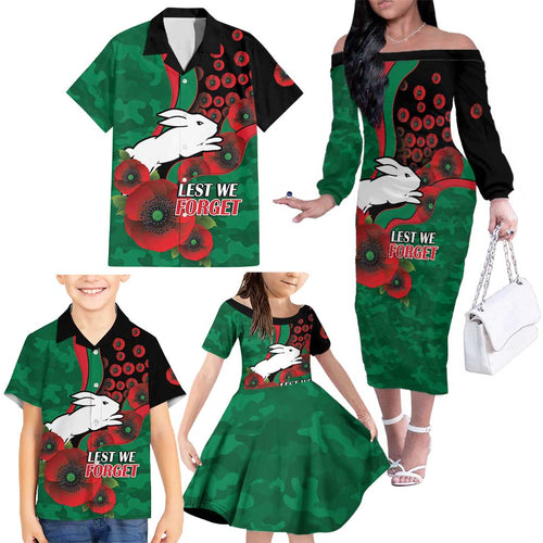 South Sydney Rabbitohs ANZAC Personalised Family Matching Off The Shoulder Long Sleeve Dress and Hawaiian Shirt Lest We Forget Poppy Camo