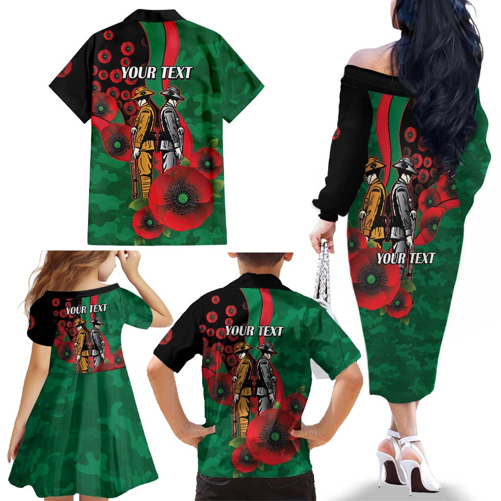 South Sydney Rabbitohs ANZAC Personalised Family Matching Off The Shoulder Long Sleeve Dress and Hawaiian Shirt Lest We Forget Poppy Camo