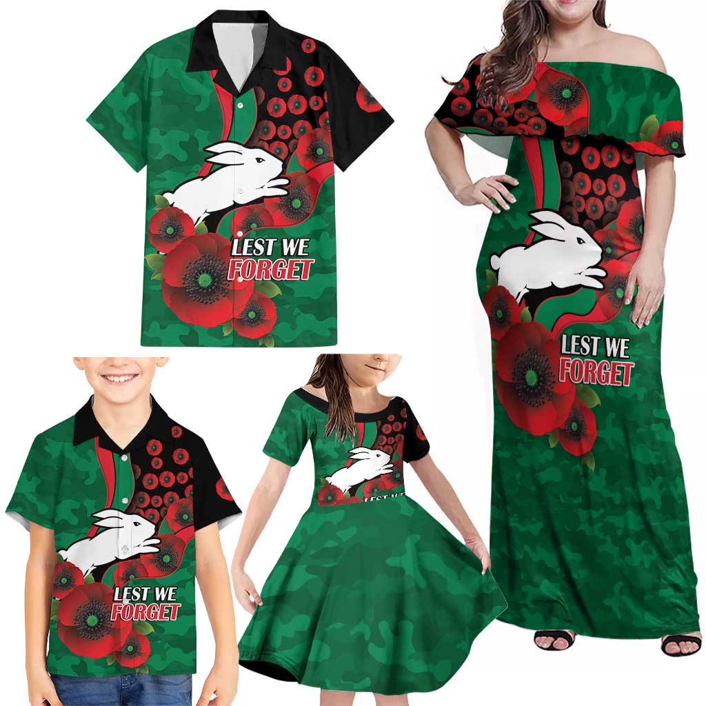 South Sydney Rabbitohs ANZAC Personalised Family Matching Off Shoulder Maxi Dress and Hawaiian Shirt Lest We Forget Poppy Camo