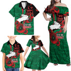 South Sydney Rabbitohs ANZAC Personalised Family Matching Off Shoulder Maxi Dress and Hawaiian Shirt Lest We Forget Poppy Camo