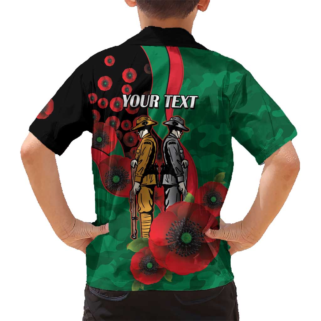 South Sydney Rabbitohs ANZAC Personalised Family Matching Off Shoulder Maxi Dress and Hawaiian Shirt Lest We Forget Poppy Camo