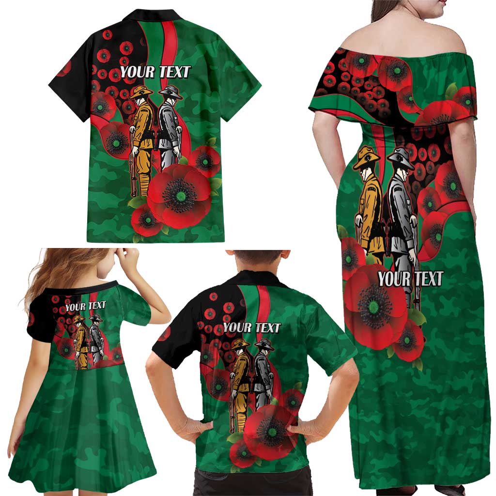 South Sydney Rabbitohs ANZAC Personalised Family Matching Off Shoulder Maxi Dress and Hawaiian Shirt Lest We Forget Poppy Camo