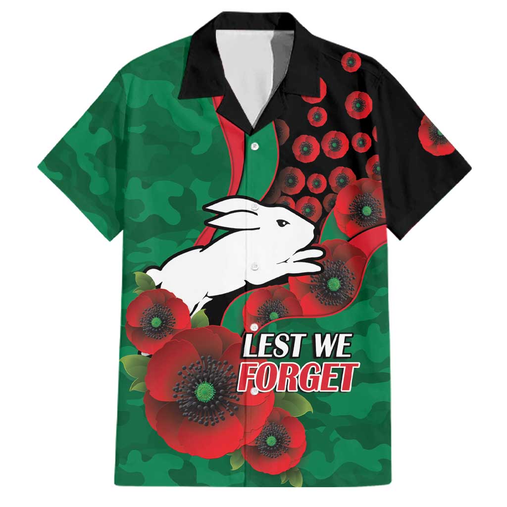 South Sydney Rabbitohs ANZAC Personalised Family Matching Off Shoulder Maxi Dress and Hawaiian Shirt Lest We Forget Poppy Camo