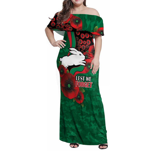 South Sydney Rabbitohs ANZAC Personalised Family Matching Off Shoulder Maxi Dress and Hawaiian Shirt Lest We Forget Poppy Camo