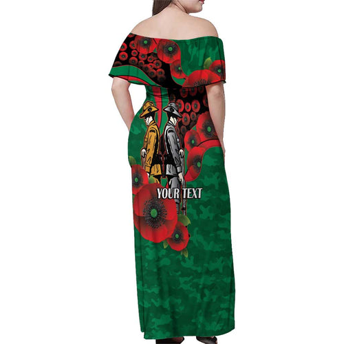 South Sydney Rabbitohs ANZAC Personalised Family Matching Off Shoulder Maxi Dress and Hawaiian Shirt Lest We Forget Poppy Camo