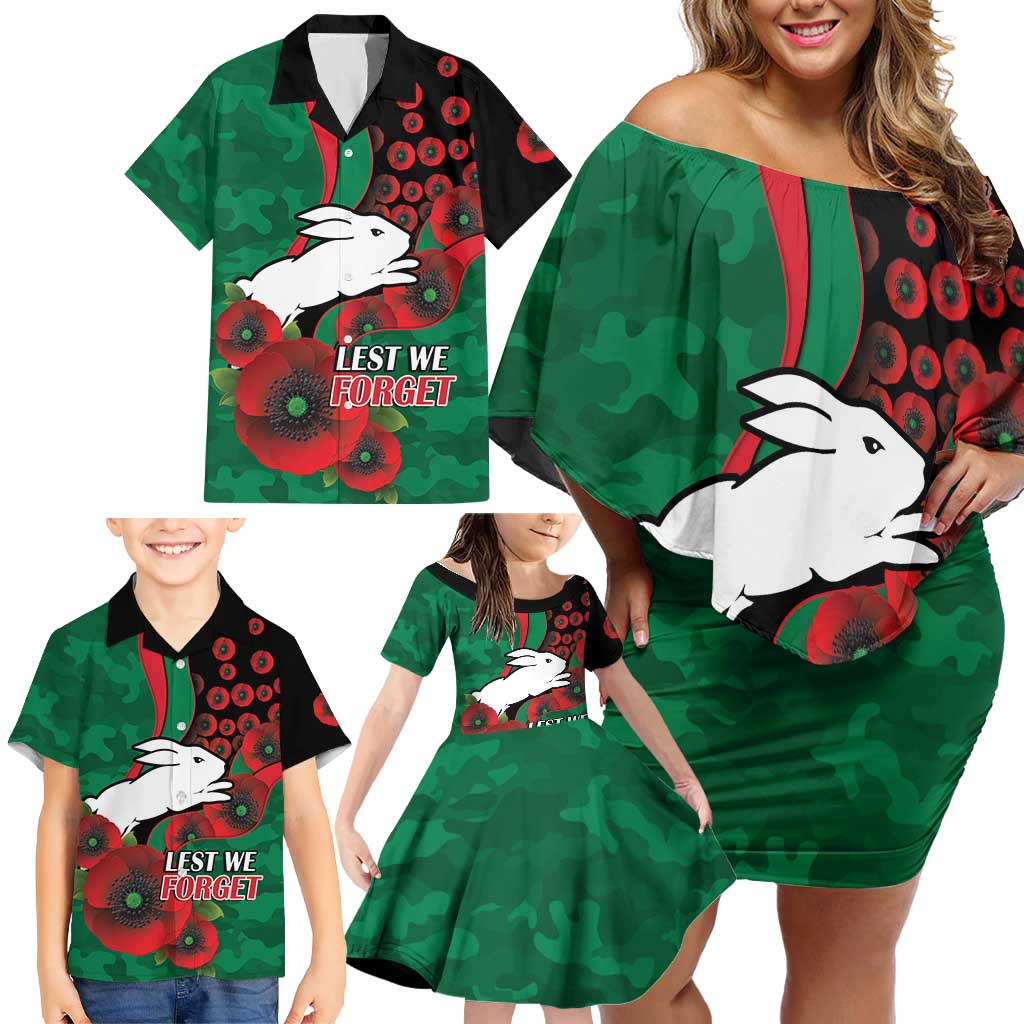 South Sydney Rabbitohs ANZAC Personalised Family Matching Off Shoulder Short Dress and Hawaiian Shirt Lest We Forget Poppy Camo