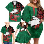 South Sydney Rabbitohs ANZAC Personalised Family Matching Off Shoulder Short Dress and Hawaiian Shirt Lest We Forget Poppy Camo