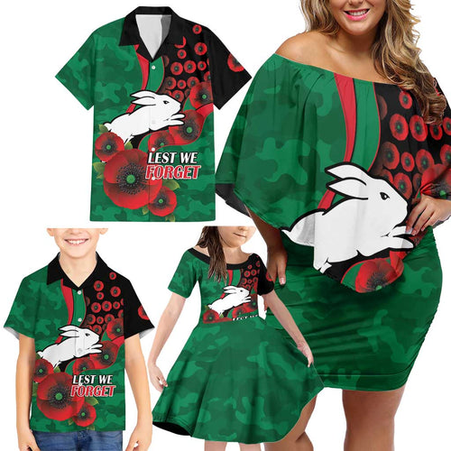 South Sydney Rabbitohs ANZAC Personalised Family Matching Off Shoulder Short Dress and Hawaiian Shirt Lest We Forget Poppy Camo