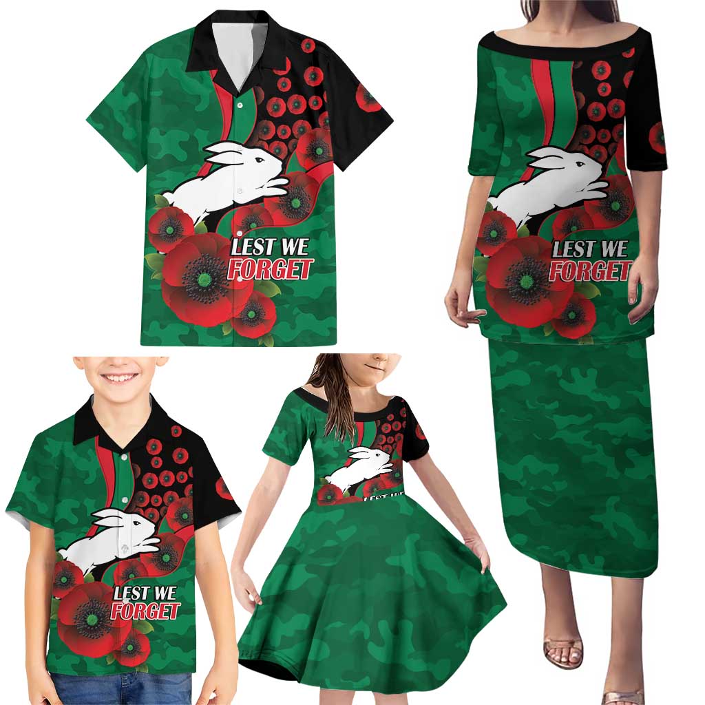 South Sydney Rabbitohs ANZAC Personalised Family Matching Puletasi and Hawaiian Shirt Lest We Forget Poppy Camo