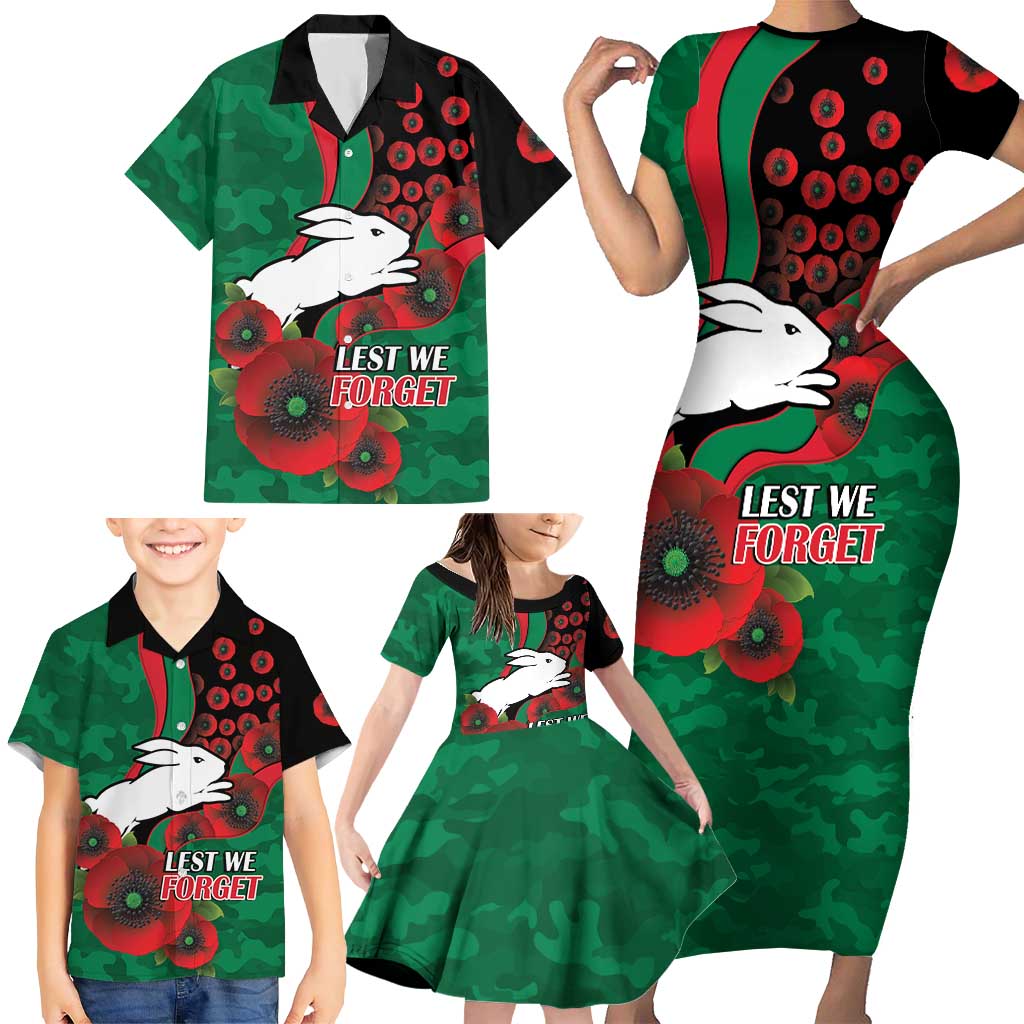 South Sydney Rabbitohs ANZAC Personalised Family Matching Short Sleeve Bodycon Dress and Hawaiian Shirt Lest We Forget Poppy Camo