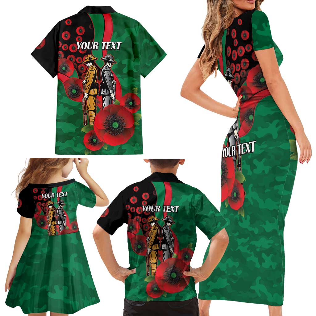 South Sydney Rabbitohs ANZAC Personalised Family Matching Short Sleeve Bodycon Dress and Hawaiian Shirt Lest We Forget Poppy Camo