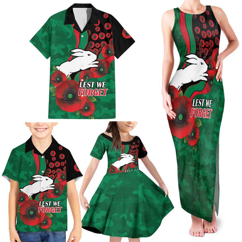 South Sydney Rabbitohs ANZAC Personalised Family Matching Tank Maxi Dress and Hawaiian Shirt Lest We Forget Poppy Camo