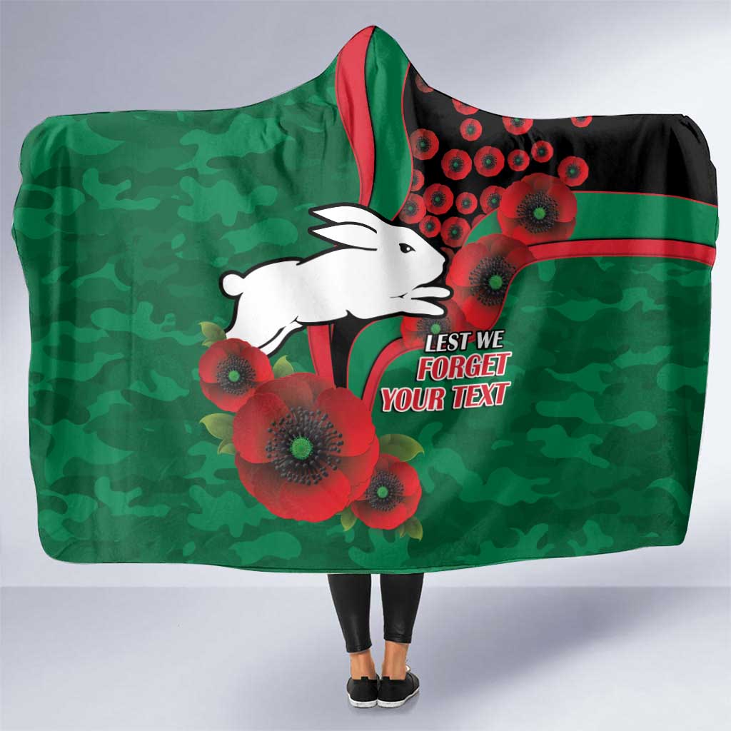 South Sydney Rabbitohs ANZAC Personalised Hooded Blanket Lest We Forget Poppy Camo