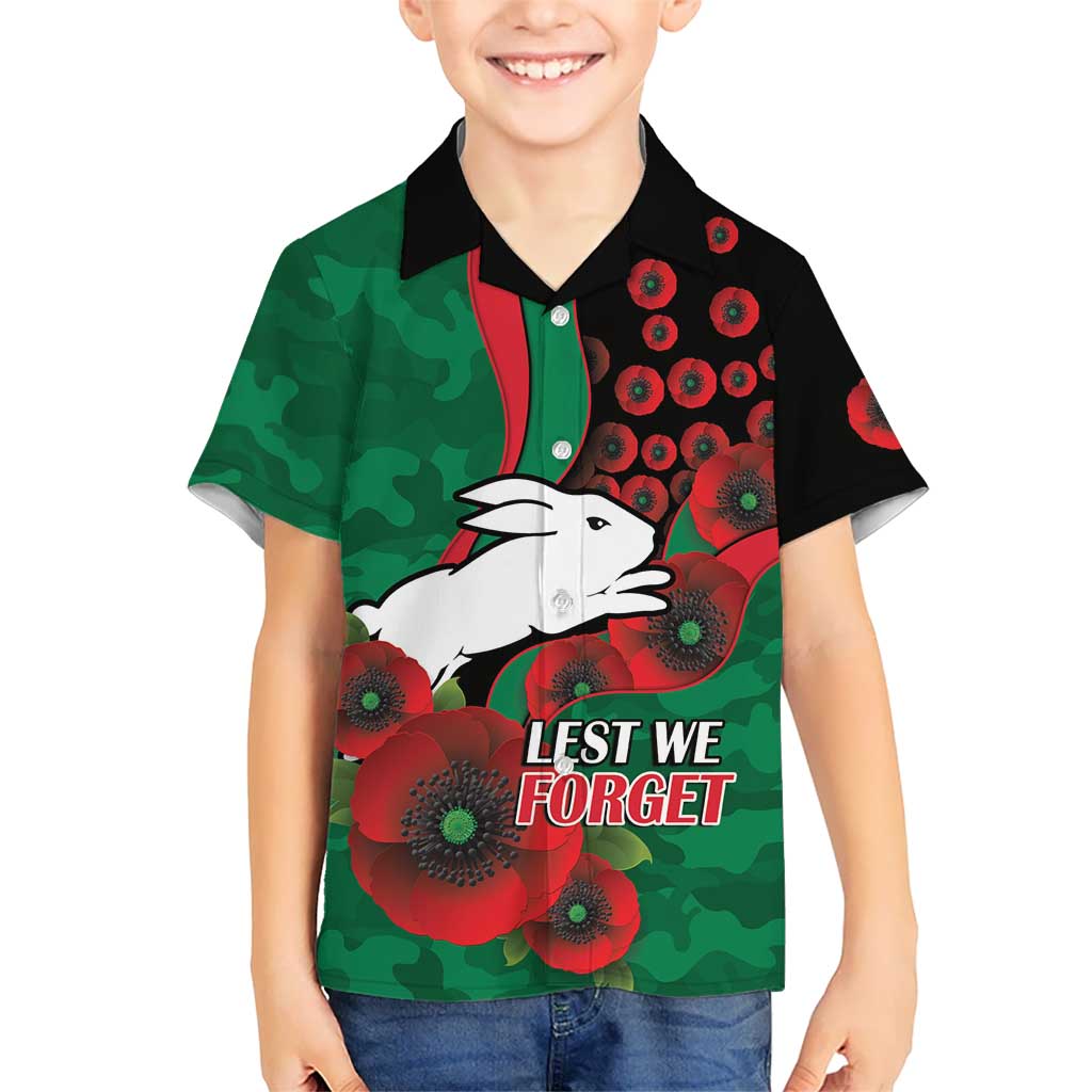 South Sydney Rabbitohs ANZAC Personalised Kid Hawaiian Shirt Lest We Forget Poppy Camo