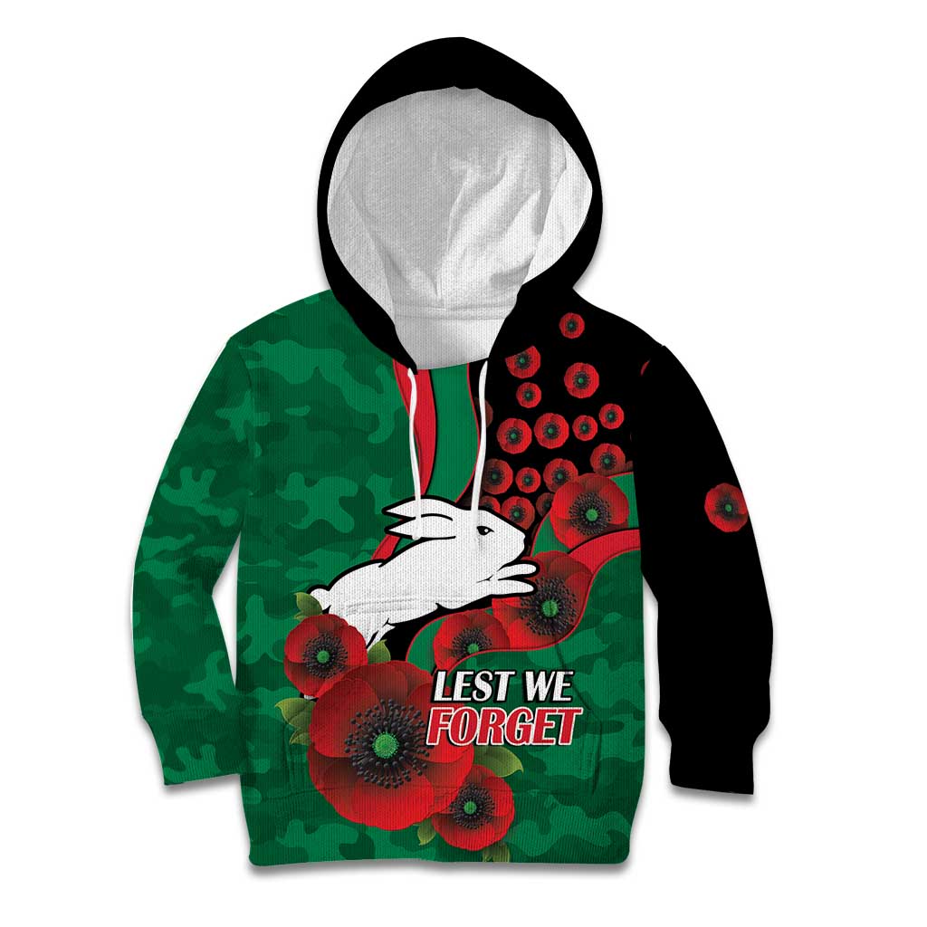 South Sydney Rabbitohs ANZAC Personalised Kid Hoodie Lest We Forget Poppy Camo