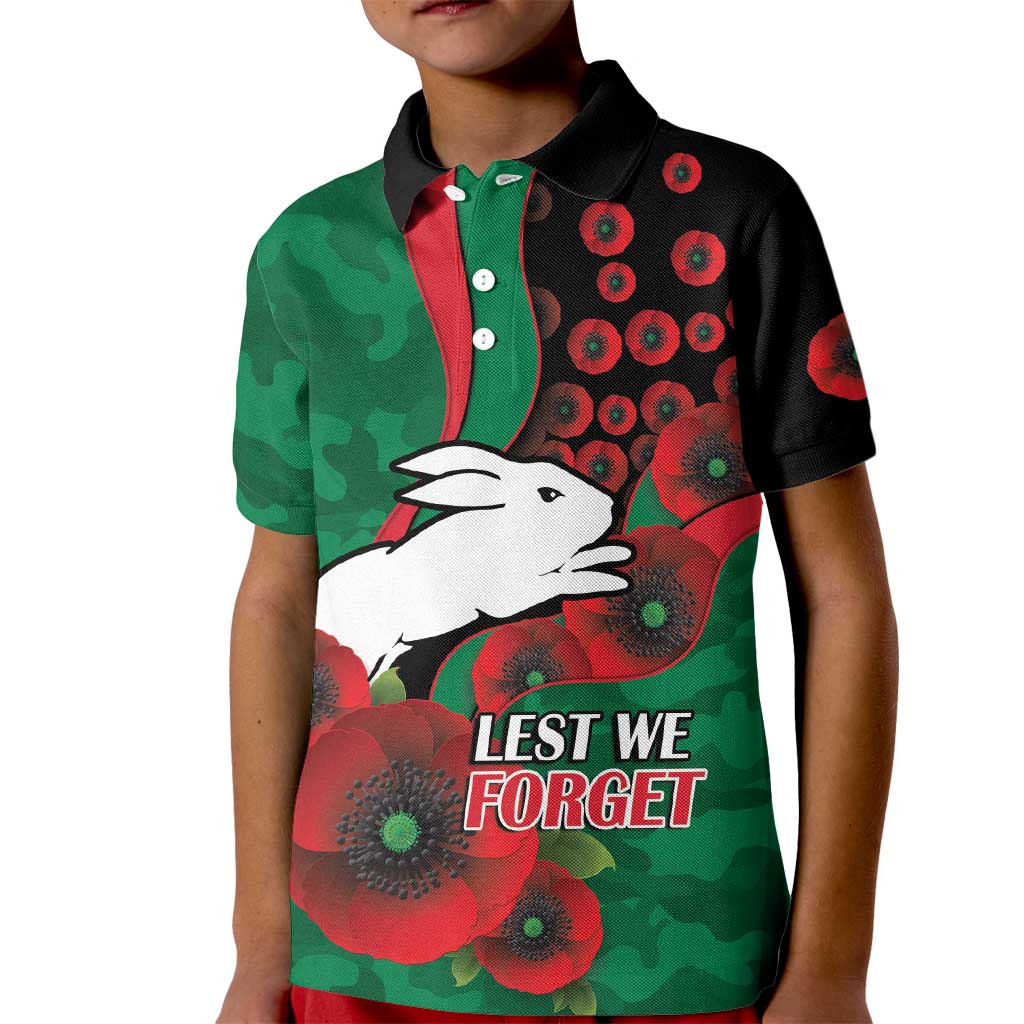 South Sydney Rabbitohs ANZAC Personalised Kid Polo Shirt Lest We Forget Poppy Camo
