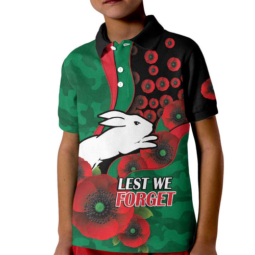 South Sydney Rabbitohs ANZAC Personalised Kid Polo Shirt Lest We Forget Poppy Camo