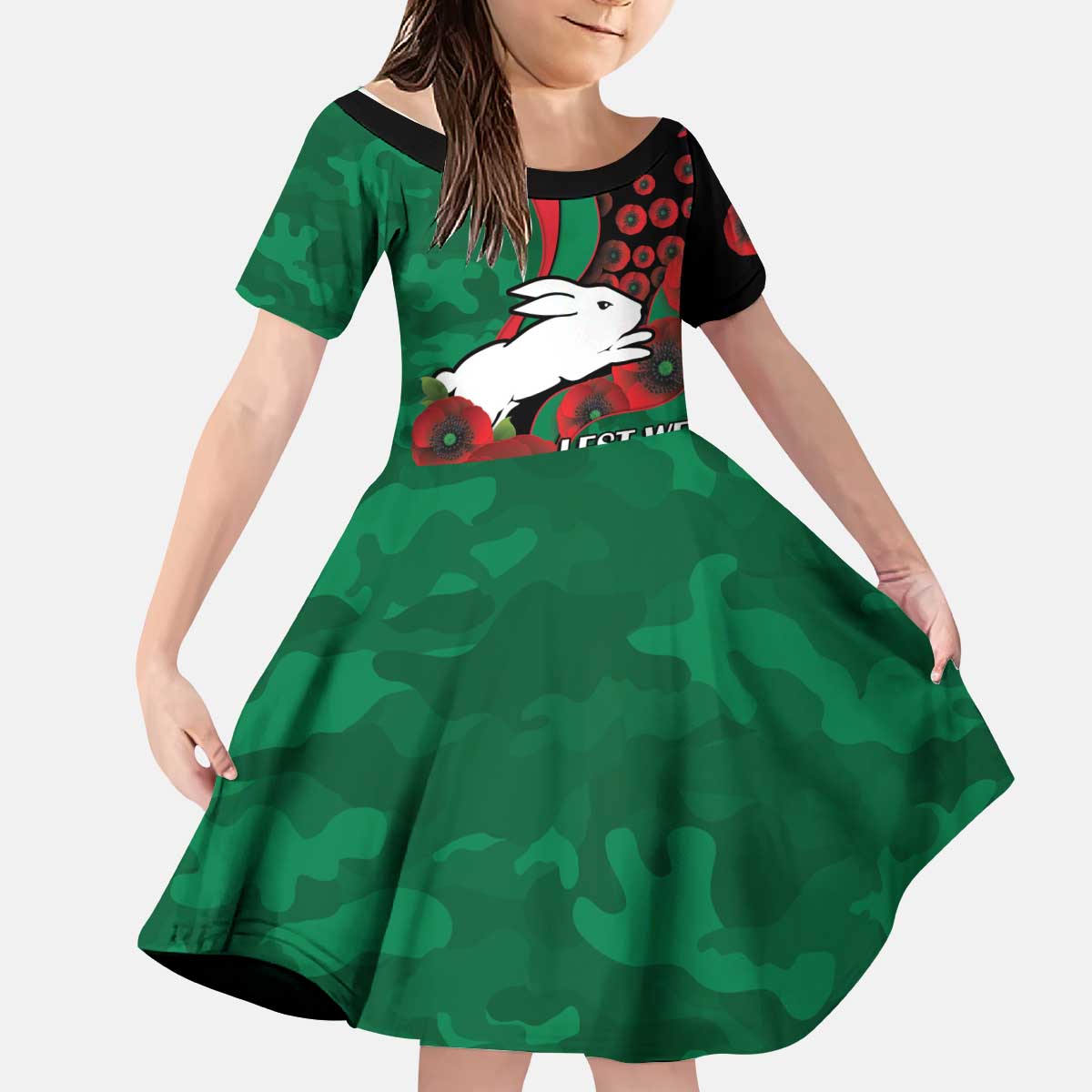 South Sydney Rabbitohs ANZAC Personalised Kid Short Sleeve Dress Lest We Forget Poppy Camo