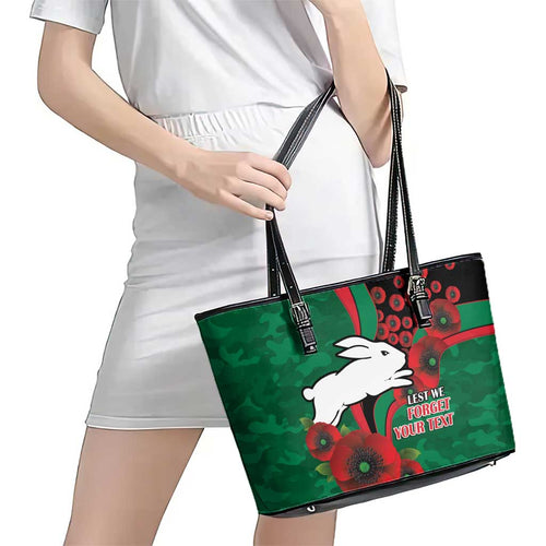 South Sydney Rabbitohs ANZAC Personalised Leather Tote Bag Lest We Forget Poppy Camo