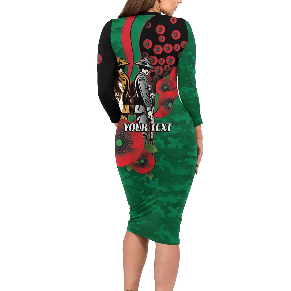 South Sydney Rabbitohs ANZAC Personalised Long Sleeve Bodycon Dress Lest We Forget Poppy Camo