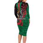 South Sydney Rabbitohs ANZAC Personalised Long Sleeve Bodycon Dress Lest We Forget Poppy Camo