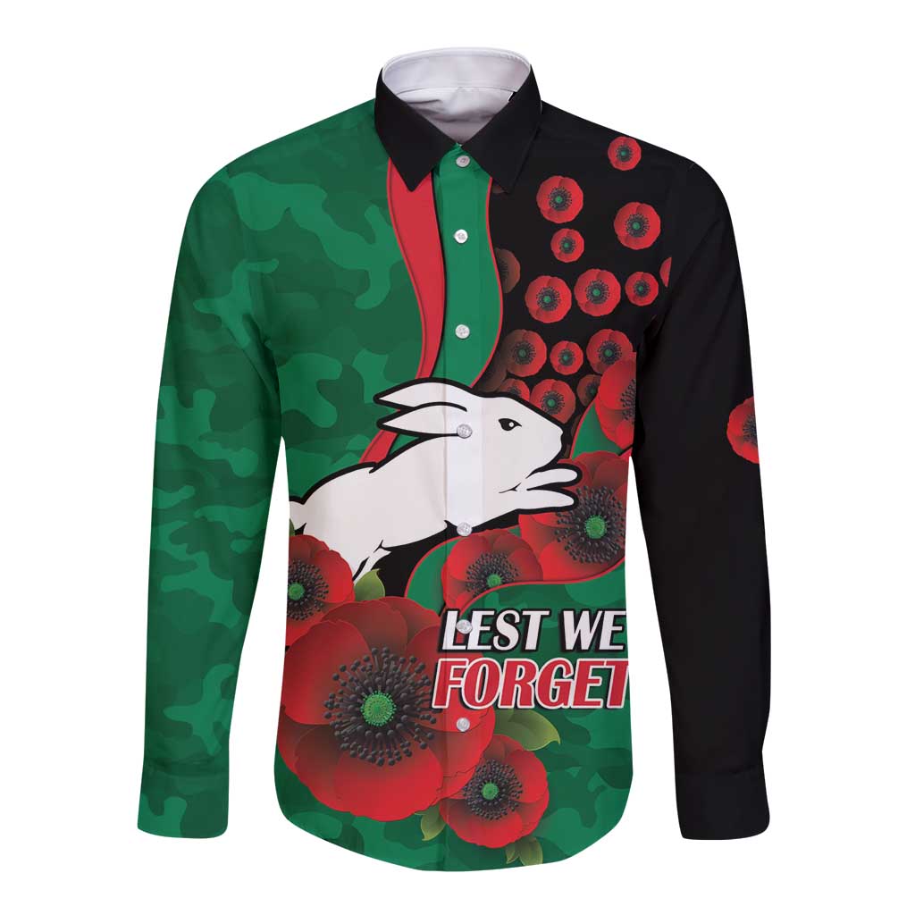 South Sydney Rabbitohs ANZAC Personalised Long Sleeve Button Shirt Lest We Forget Poppy Camo