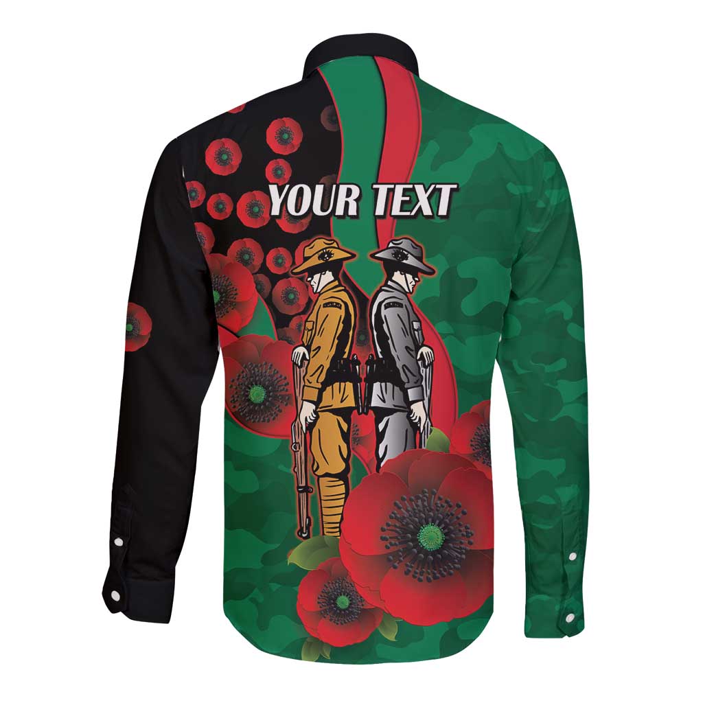 South Sydney Rabbitohs ANZAC Personalised Long Sleeve Button Shirt Lest We Forget Poppy Camo
