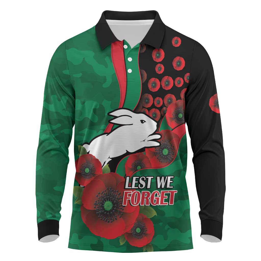 South Sydney Rabbitohs ANZAC Personalised Long Sleeve Polo Shirt Lest We Forget Poppy Camo