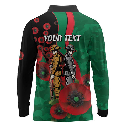 South Sydney Rabbitohs ANZAC Personalised Long Sleeve Polo Shirt Lest We Forget Poppy Camo