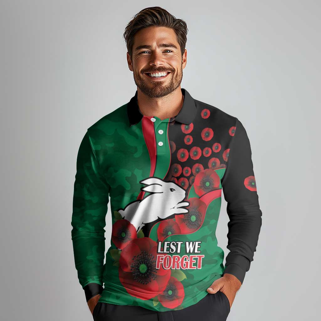 South Sydney Rabbitohs ANZAC Personalised Long Sleeve Polo Shirt Lest We Forget Poppy Camo