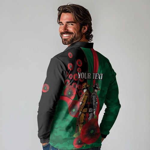 South Sydney Rabbitohs ANZAC Personalised Long Sleeve Polo Shirt Lest We Forget Poppy Camo