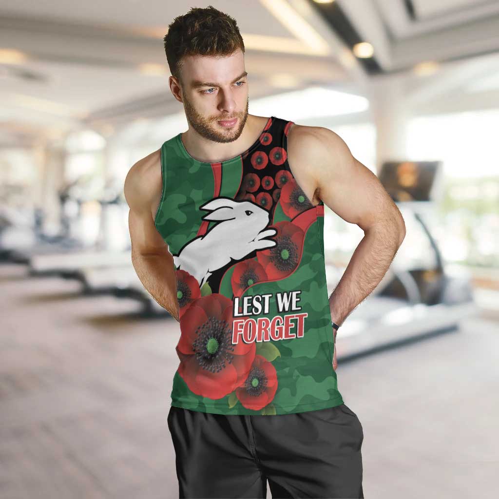 South Sydney Rabbitohs ANZAC Personalised Men Tank Top Lest We Forget Poppy Camo
