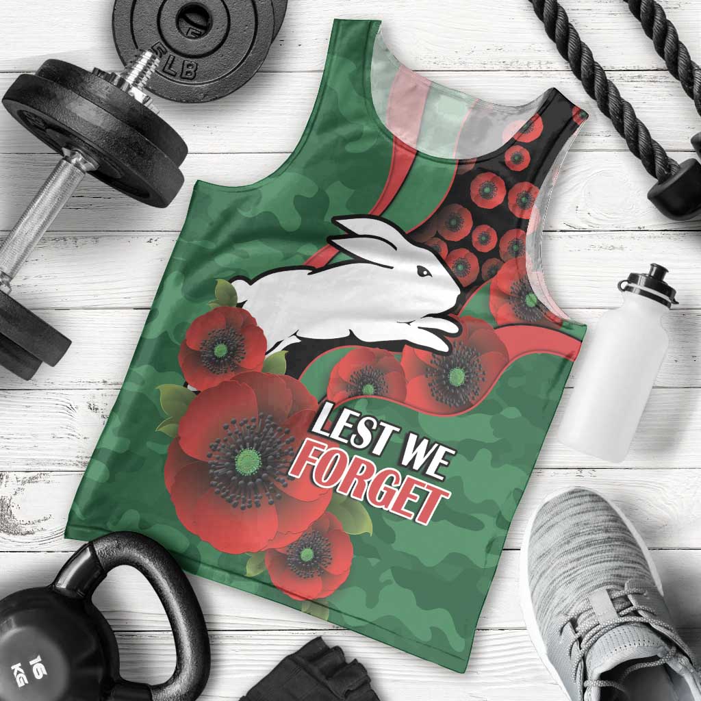 South Sydney Rabbitohs ANZAC Personalised Men Tank Top Lest We Forget Poppy Camo