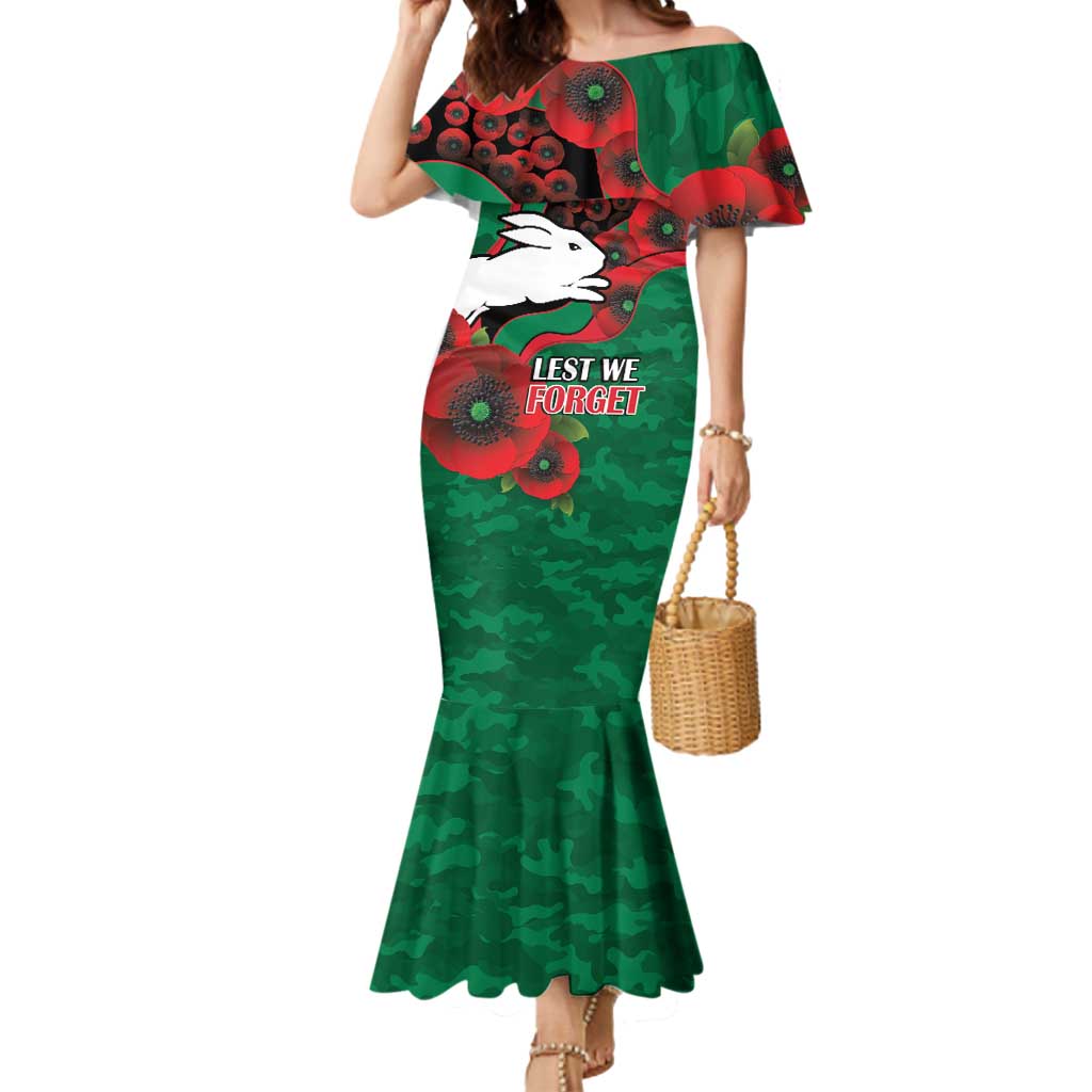 South Sydney Rabbitohs ANZAC Personalised Mermaid Dress Lest We Forget Poppy Camo