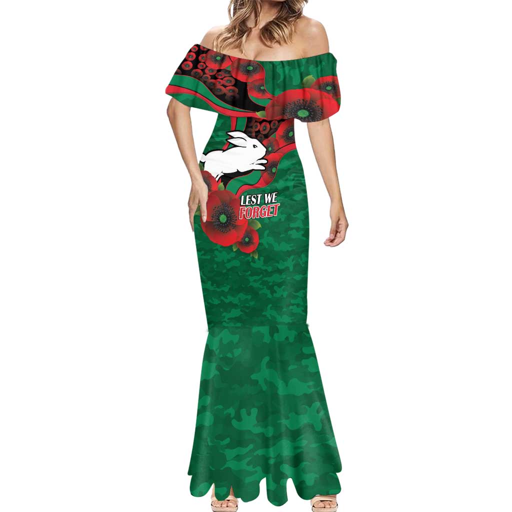 South Sydney Rabbitohs ANZAC Personalised Mermaid Dress Lest We Forget Poppy Camo