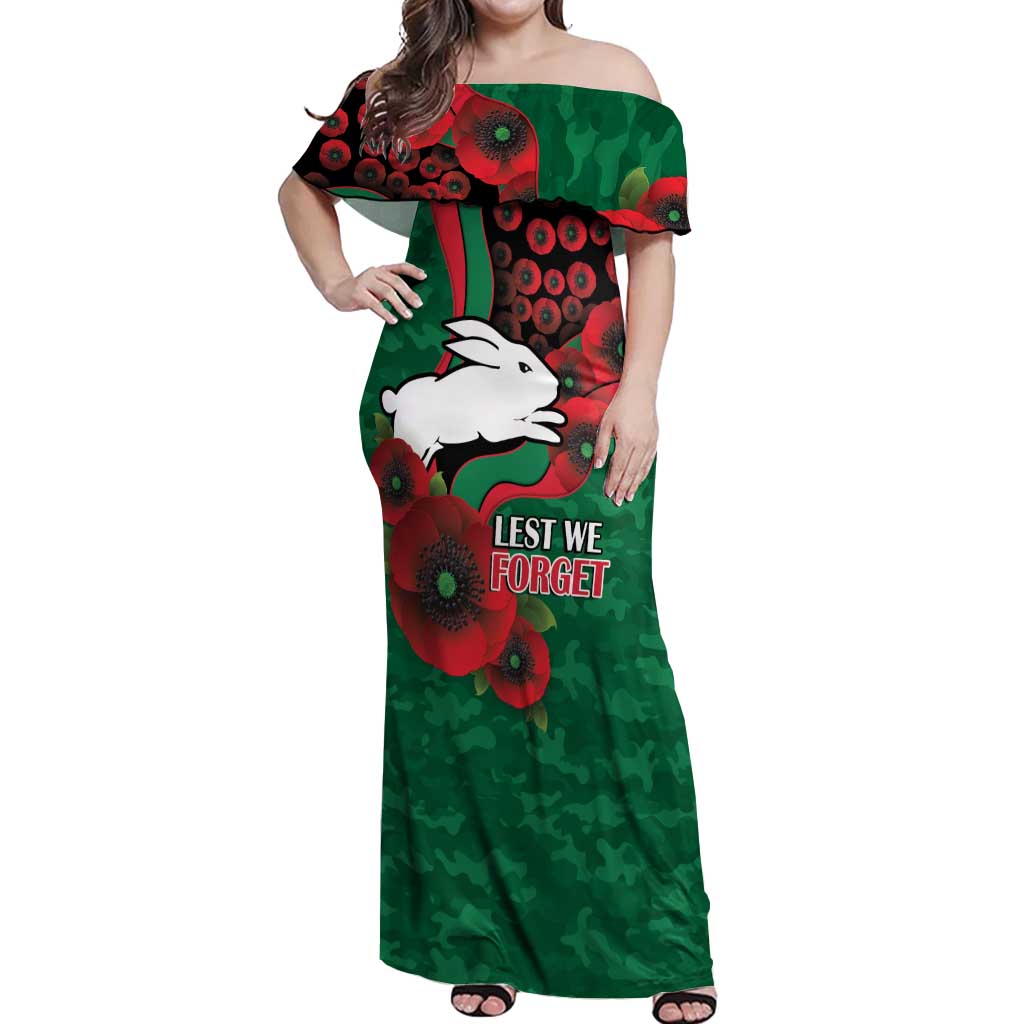 South Sydney Rabbitohs ANZAC Personalised Off Shoulder Maxi Dress Lest We Forget Poppy Camo