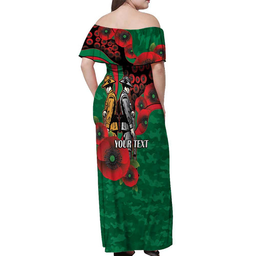 South Sydney Rabbitohs ANZAC Personalised Off Shoulder Maxi Dress Lest We Forget Poppy Camo