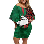 South Sydney Rabbitohs ANZAC Personalised Off Shoulder Short Dress Lest We Forget Poppy Camo