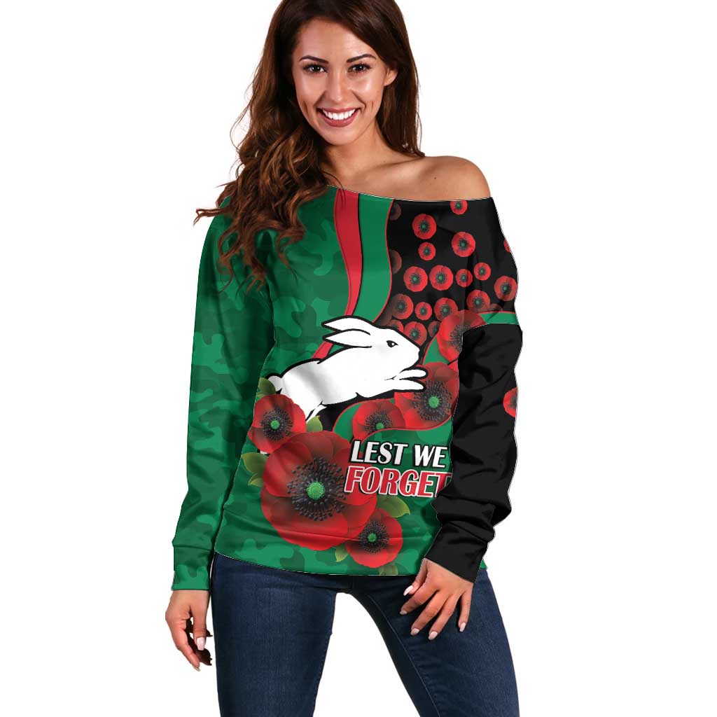 South Sydney Rabbitohs ANZAC Personalised Off Shoulder Sweater Lest We Forget Poppy Camo