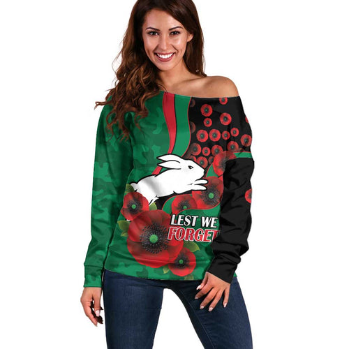 South Sydney Rabbitohs ANZAC Personalised Off Shoulder Sweater Lest We Forget Poppy Camo