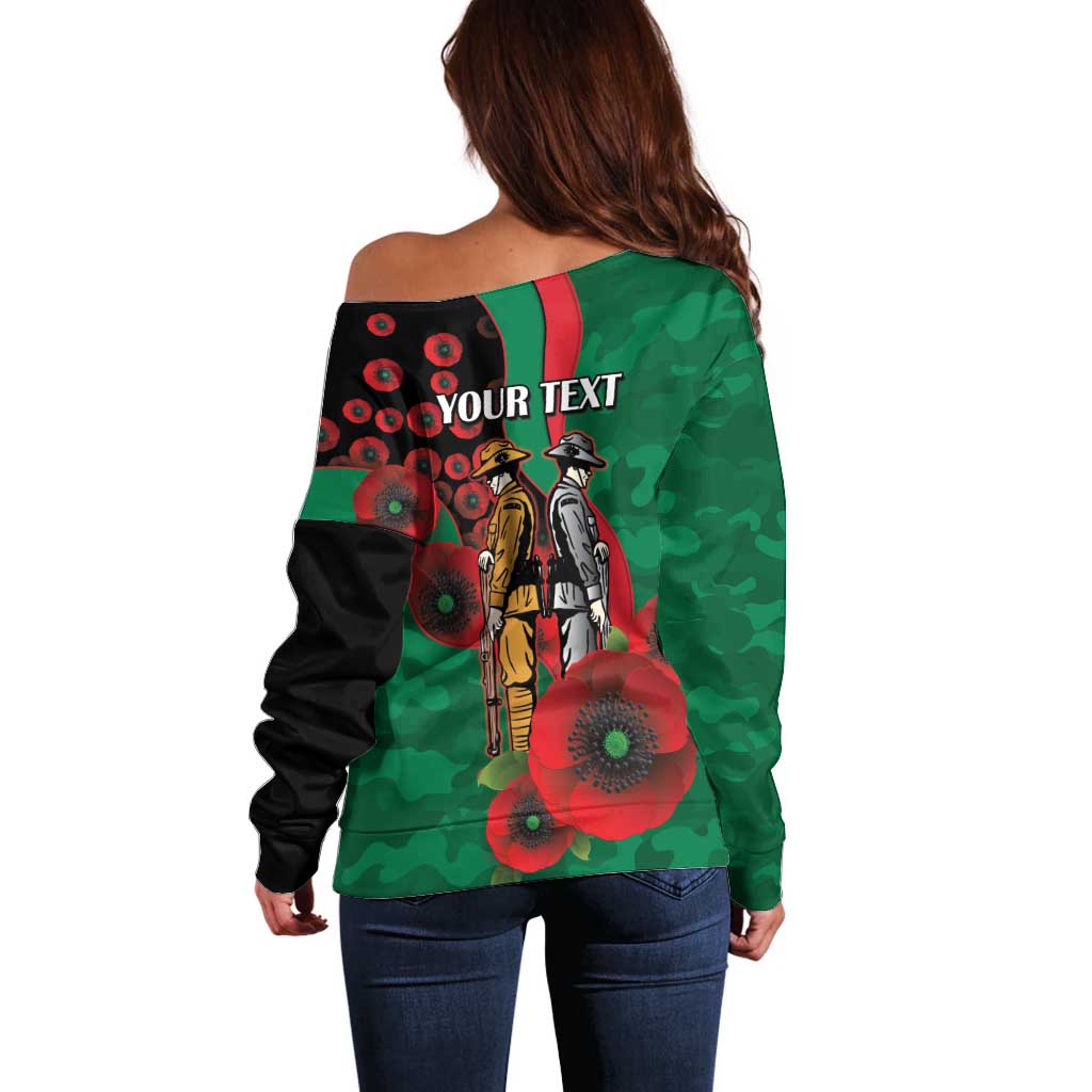 South Sydney Rabbitohs ANZAC Personalised Off Shoulder Sweater Lest We Forget Poppy Camo