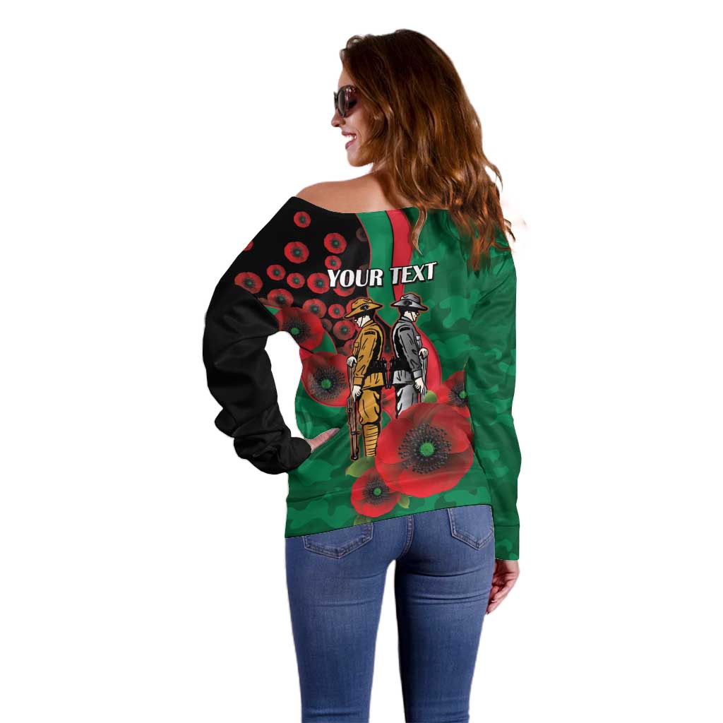 South Sydney Rabbitohs ANZAC Personalised Off Shoulder Sweater Lest We Forget Poppy Camo