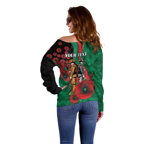 South Sydney Rabbitohs ANZAC Personalised Off Shoulder Sweater Lest We Forget Poppy Camo