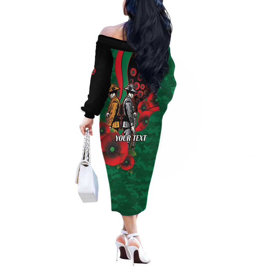 South Sydney Rabbitohs ANZAC Personalised Off The Shoulder Long Sleeve Dress Lest We Forget Poppy Camo