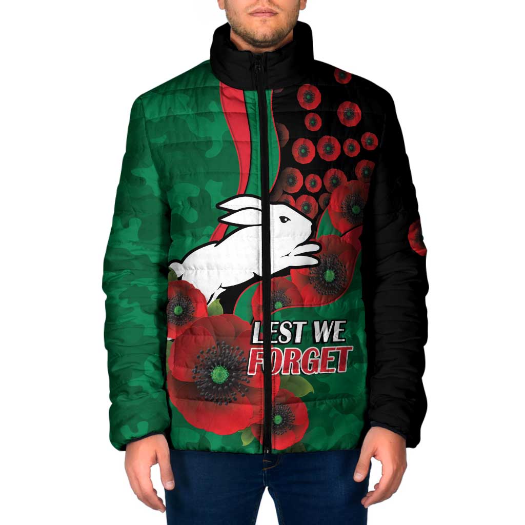 South Sydney Rabbitohs ANZAC Personalised Padded Jacket Lest We Forget Poppy Camo