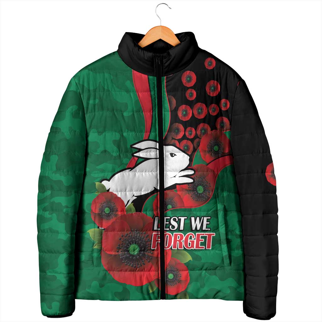 South Sydney Rabbitohs ANZAC Personalised Padded Jacket Lest We Forget Poppy Camo
